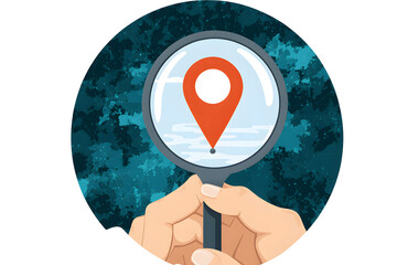 Locating the Destination: A magnifying glass focuses on a location marker, set against a teal backdrop, symbolizing the quest for pinpoint accuracy and discovery.