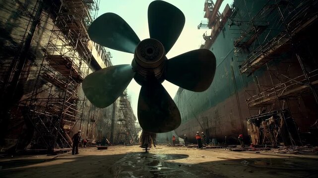 A wide shot of a ship docked in a dry dock displaying the propeller in the foreground with scaffolding and workers in the background preparing for the installation process emphasizing