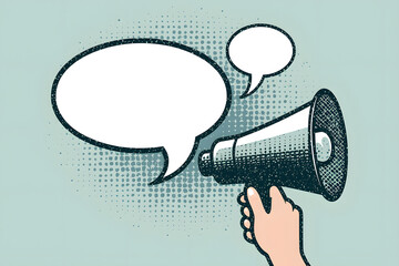 Voice of Authority: A hand grips a vintage megaphone with an empty speech bubble, offering space for an announcement or message delivery.