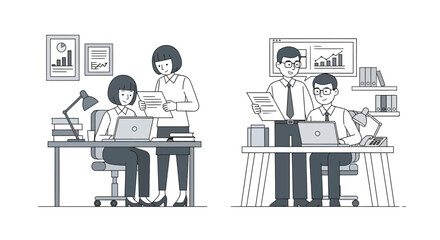 Two office scenes with employees working at desks with computers and documents.