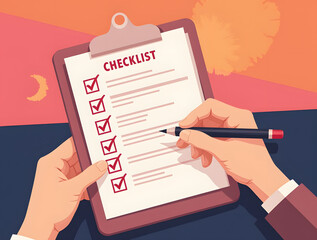 Completion of checklist: A person meticulously completes a checklist, with each item marked with a check, highlighting the importance of planning and organization. 