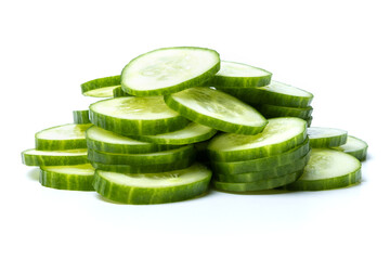 Photo of small bunch of green ripe natural organic cucumber sliced into circles isolated on white background