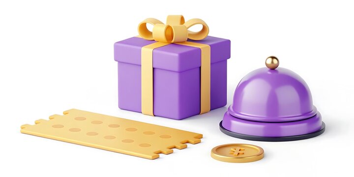 A purple gift box with a gold ribbon sits next to a service bell and coins