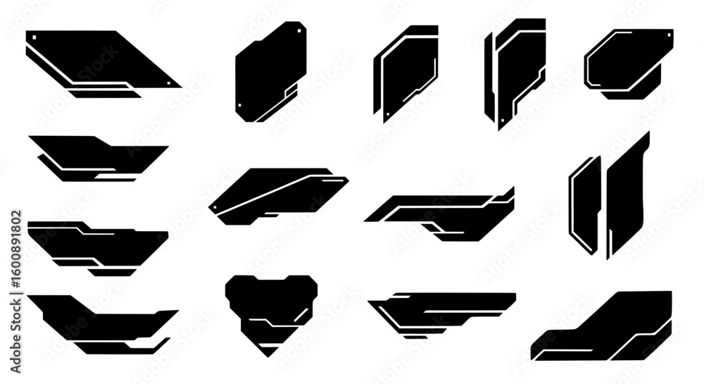 Poster set of isolated black abstract shapes. collection of futuristic geometric elements for sci-fi user i