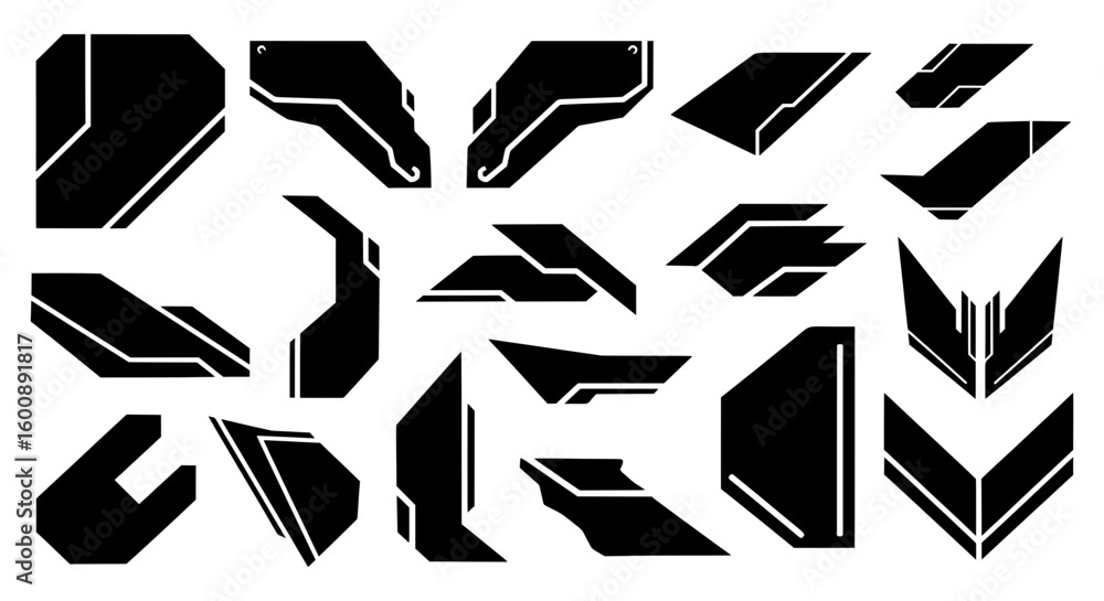 Poster set of black angular sci-fi shapes. modern abstract geometric components perfect for futuristic user