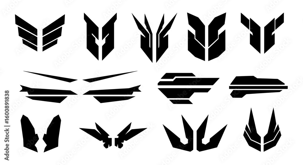 Poster set of black abstract futuristic symbols. collection of sharp geometric emblems for sci-fi faction l
