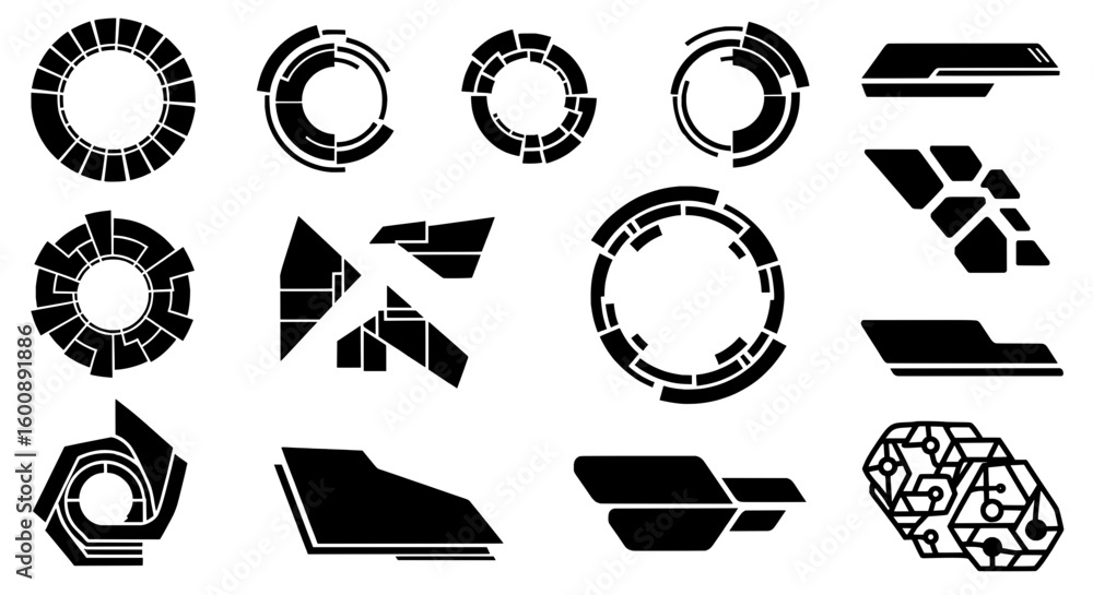 Poster set of isolated black abstract shapes for futuristic design. includes circular hud elements, geometr