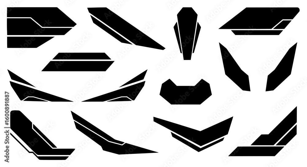 Poster a set of isolated black abstract shapes. collection of minimalist futuristic geometric elements for 
