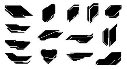 Set of isolated black abstract shapes. Collection of futuristic geometric elements for sci-fi user interface, HUD design, game assets, or modern cyberpunk technology graphics.