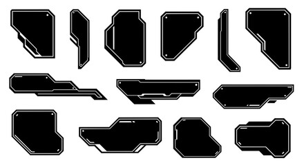 A set of isolated black futuristic panels and frames. Collection of abstract sci-fi geometric shapes for user interface design, HUD elements, game assets, or modern tech graphics.