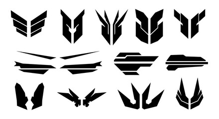 Obraz premium Set of black abstract futuristic symbols. Collection of sharp geometric emblems for sci-fi faction logos, game assets, vehicle decals, robot armor design, or modern cyberpunk graphics.
