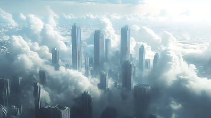  A cityscape with skyscrapers reaching the hovering clouds 