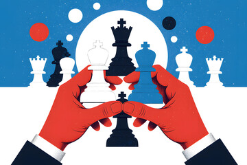 Strategic Moves: A captivating illustration depicts the chessboard, capturing hands meticulously positioning chess pieces, signifying strategy and competition