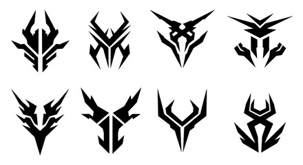 Collection of aggressive warrior mask symbols with a futuristic tribal aesthetic. These sharp abstract shapes are ideal for game faction emblems, scifi clan logos, or modern tech tattoo designs.