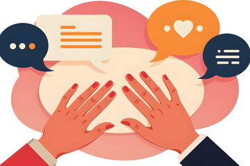 Interactive Dialog: A conceptual illustration depicts hands engaged in communication. Speech bubbles, filled with symbols, float above, symbolizing a conversation centered on connection and sentiment.
