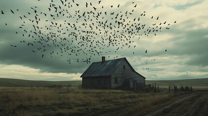  A farm beneath a sky full of swifts and swallows in flight 