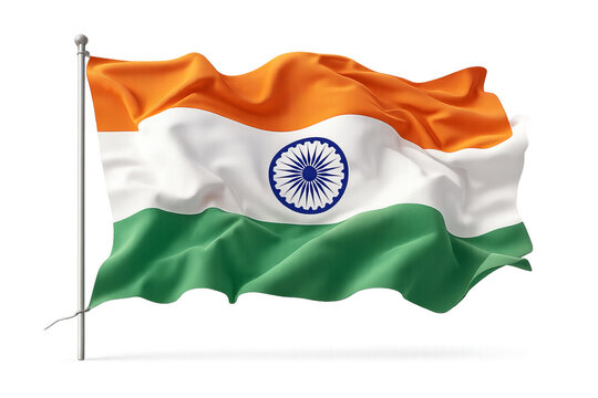 Realistic Indian national flag waving in the wind on a flagpole, showcasing vibrant saffron, white, and green stripes with blue Ashoka Chakra, ideal for patriotic and Republic Day visuals.


