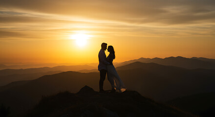 Silhouette of a romantic couple embracing on a mountaintop during a golden sunset, a concept of love and adventure.