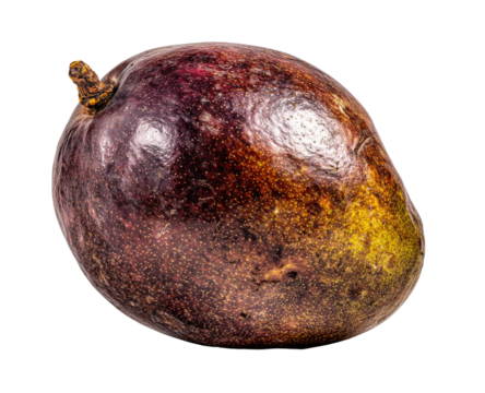Close-up of a ripe mango, deep purple-red with patches of green