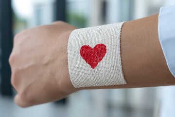 Healing Heart on Bandage: The image showcases a tender gesture of care, featuring a red heart delicately painted on a bandage wrapped around a wrist, capturing themes of love and wellness.