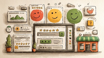 Online review and rating interface showing customer feedback, user satisfaction levels, and digital business scores
