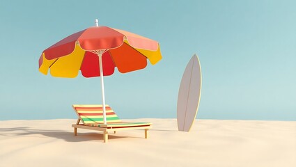 Beach scene with lounge chair umbrella and surfboard on sand