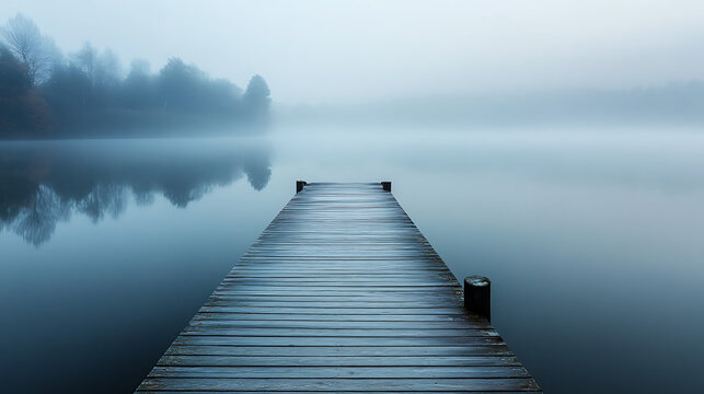  A lonely wooden dock stretching out into a misty lake at dawn 