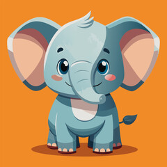 Naklejka premium Cute light blue elephant character standing on an orange background. Adorable animal illustration for children's media. Cartoon elephant with cheerful expression. for general use.