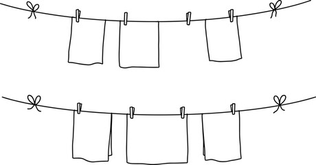 Minimalist line drawing, clothes hanging, clothesline illustration, laundry decor, black and white art, eco-friendly theme, clean clothes, home decor, drying rack, clothespins, household chores, simpl