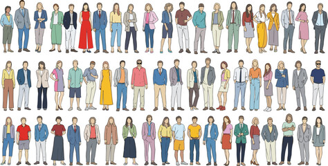Business people, office outfit, casual wear, team group, diverse fashion style, formal clothing, men women standing, cad drawing flat vector illustration, office dress collection