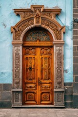 Ornate Doorway: A magnificent wooden door, intricately carved with detailed patterns and flanked by decorative pillars, stands as an emblem of architectural excellence.