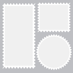 Blank postage stamps borders vector set. Mockup postage stamps with transparent background. Realistic trendy post stamps set, Letter stamps with perforated edges. eps10 11