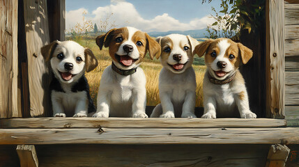  Playful puppies on a wooden plank porch with a typical mid-western farm landscape 