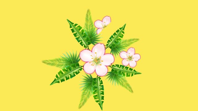 draw set of pink flower decorate with joining several green leaf and many colourful butterfly in round shape on yellow screen background
