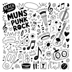 Muns Punk Rock: A Whimsical Black and White Doodle Illustration Featuring Musical Instruments, Crowns, and Energetic Graphics