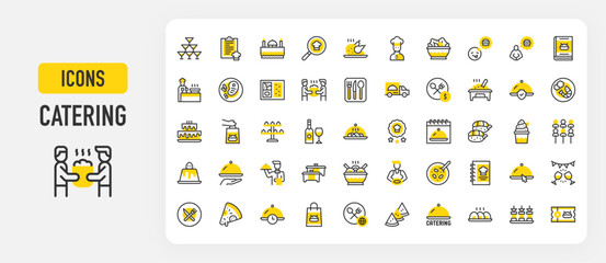 Set of Catering vector stroke icons. such as Service, Food Pickup, Catering, Snacks, Food Stamp, Shrimp, On Time, Buffet, Price, Starving, Pudding, Clipboard, Soup, Check, Cutlery, Party illustration.