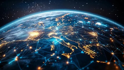 Stunning 3D visualization of Earth from space focused on Europe, showing illuminated city lights and digital connections across countries, symbolizing global data, communication, internet technology - Powered by Adobe