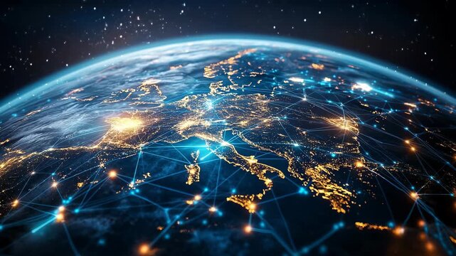Stunning 3D visualization of Earth from space focused on Europe, showing illuminated city lights and digital connections across countries, symbolizing global data, communication, internet technology - Powered by Adobe