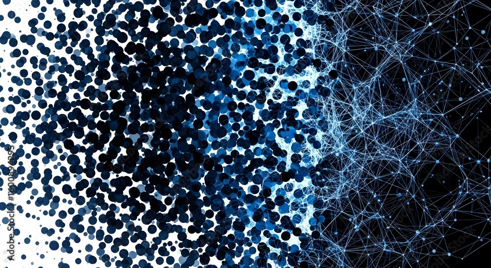 Poster abstract digital design with interconnected network and scattered dots, gradient of dark blue to whi