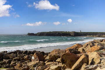 Beach at causeway between Mediterranean Sea and Atlantic Ocean,Tarifa, Spain, Andalusia