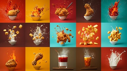 A vibrant mosaic of deliciousness showcasing various fast foods with dynamic splashes