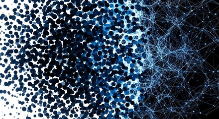 Abstract digital design with interconnected network and scattered dots, gradient of dark blue to white.