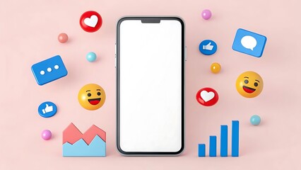 A smartphone surrounded by social media icons and growth charts is displayed on a pink background
