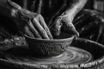 Crafting Artistry: A skilled artisan's hands mold wet clay on a potter's wheel, meticulously shaping it into a unique vessel. The image captures the process of creation.