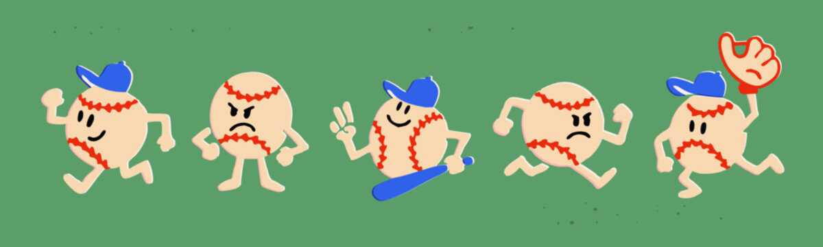 Baseball ball Mascot. Cute funny cartoon characters with bat, ball, glove, hat. Mascot in action. Vintage retro style. Hand drawn trendy Vector illustration. Isolated design elements