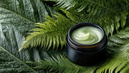Botanical Skincare Delight: A jar of lush, green skincare cream sits nestled amidst vibrant fern leaves, exuding a sense of natural purity and gentle care.