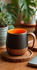 Morning Brew: A stylish mug of rich, aromatic coffee sits invitingly on a wooden coaster, alongside a sleek, minimalist work setting.