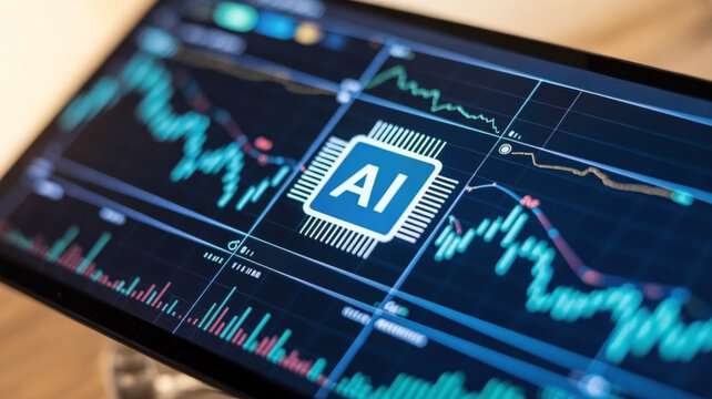 A I chip on glowing blue financial trading charts with data analysis artificial intelligence microchip