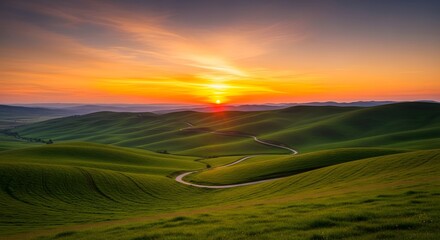 Rolling hills landscape at sunset with winding road and beautiful sky