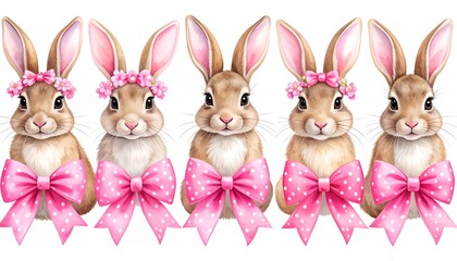 Cute pastel bunnies with pink bows and flower crowns